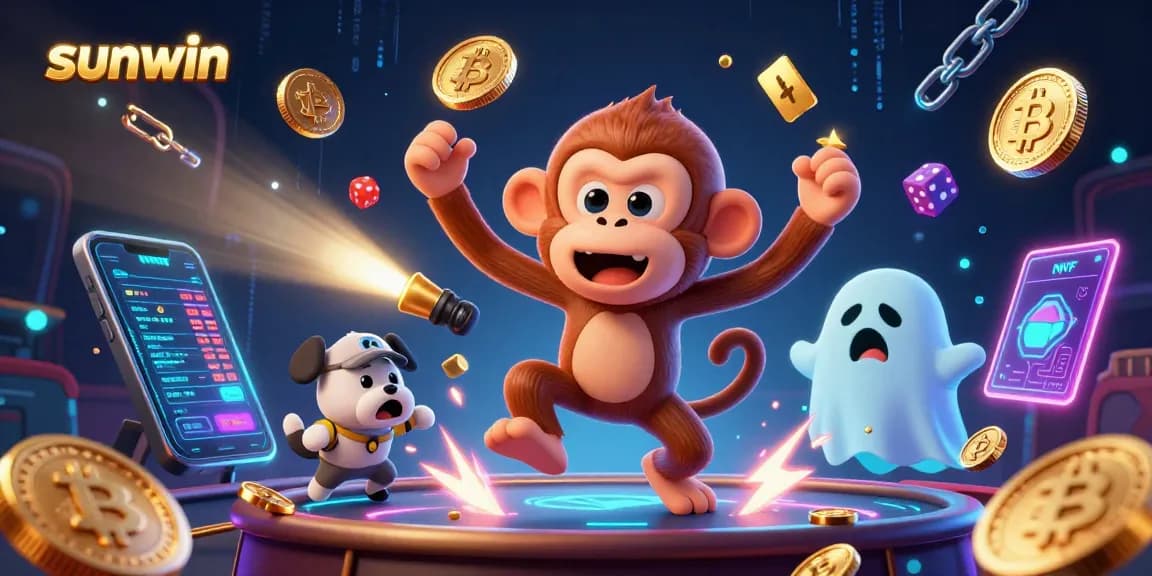 Engage with sunwin as mischievous characters juggles gold coins in a vibrant casino setting.