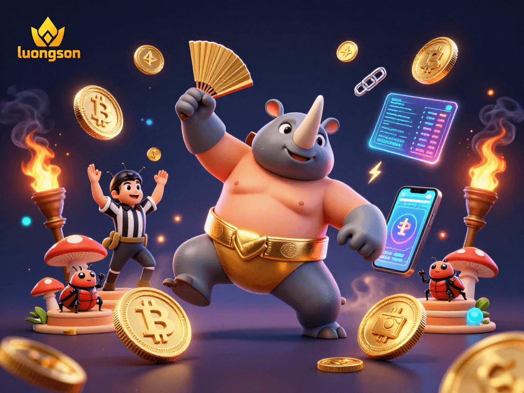 Experience thrilling gaming with luongson, featuring a wrestling beetle amidst flying coins and crypto elements.