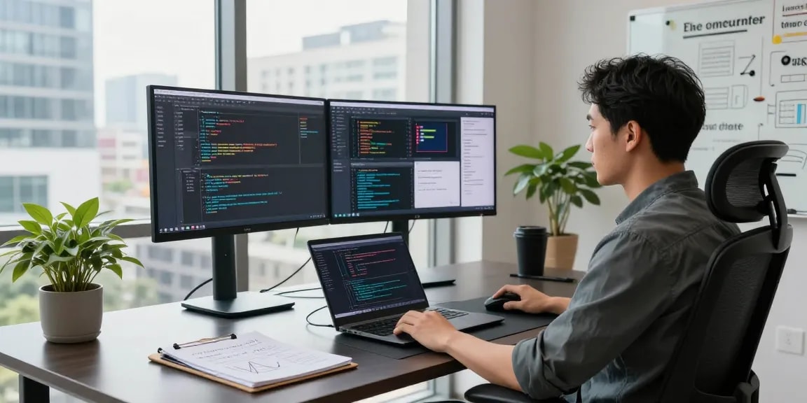 Dynamic software development workspace featuring coding displays at WPS Official Website with a modern atmosphere.