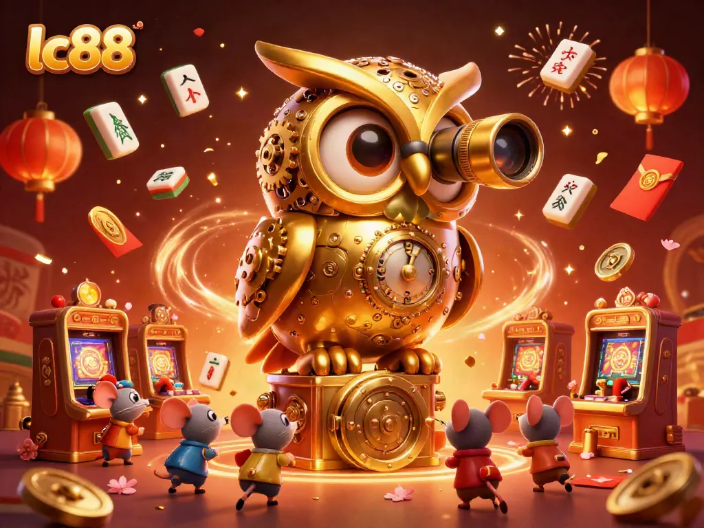 Win big at lc88 casino with a vibrant illustration of a golden owl overseeing a bustling gaming floor