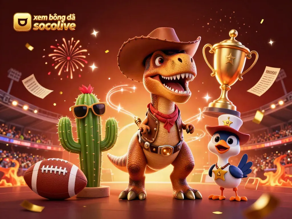 Betting on xem bóng đá socolive with a lively dinosaur cowboy and friends in a vibrant casino-themed scene.