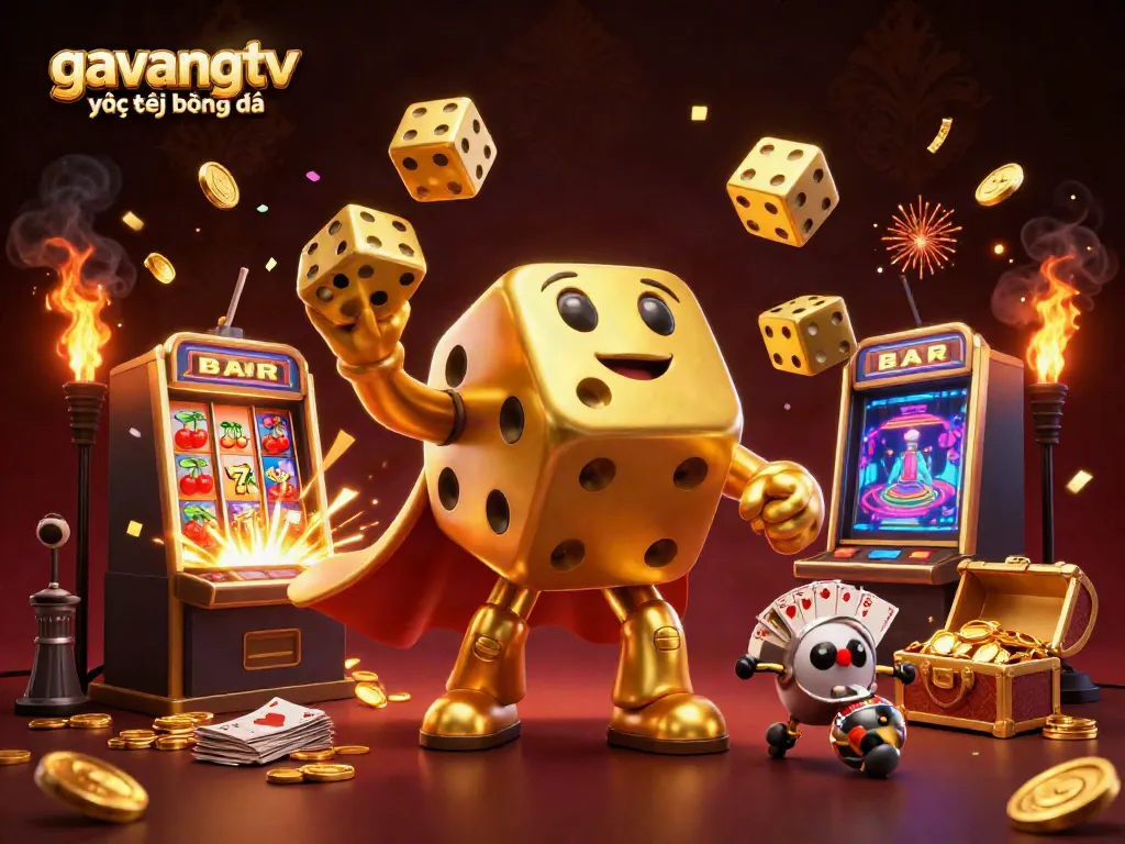 Engage with gavangtv trực tiếp bóng đá through an energetic 3D illustration of casino elements, showcasing golden dice and jackpots.