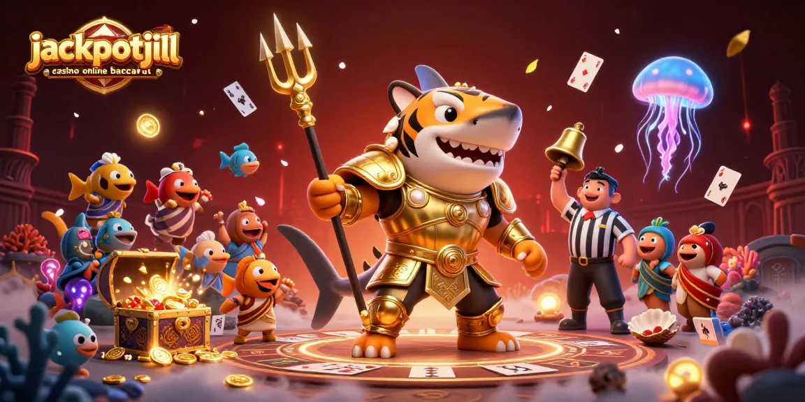 A vibrant scene depicting the jackpotjill casino online baccarat, featuring a fierce shark in gladiator armor and playing cards in a dynamic underwater battle.