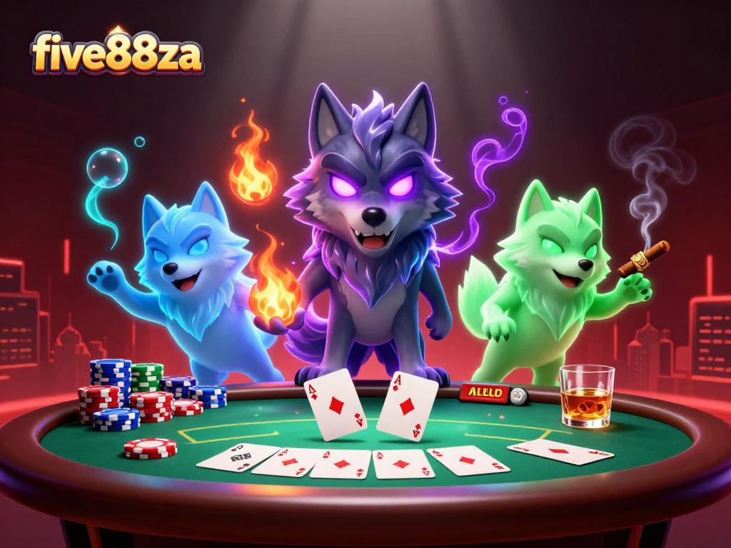 Join the five88za poker showdown with ghostly wolf companions at a vibrant green felt table.