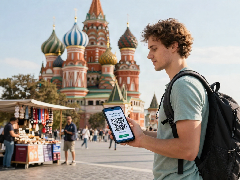 Explorador en Moscú usando https://payinrussia.com/ para pagos digitales con QR, rodeado de monumentos icónicos.