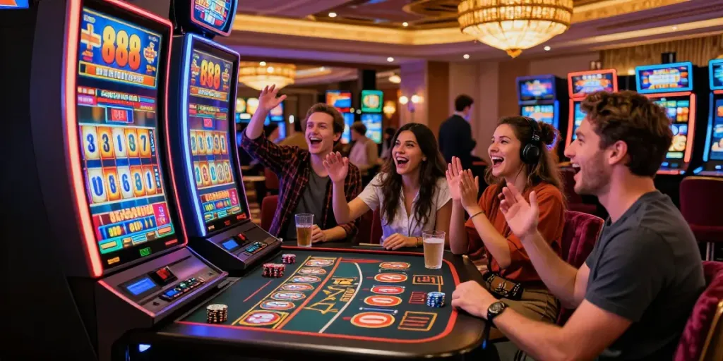 Group playing slot88 at a vibrant casino, joyful atmosphere and colorful lighting.