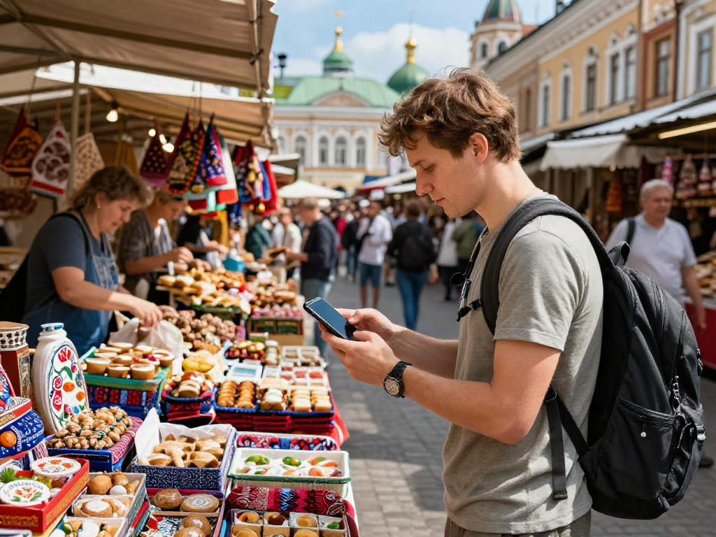 Turista usando https://payinrussia.com/ para pagar en un mercado ruso lleno de coloridas opciones locales.