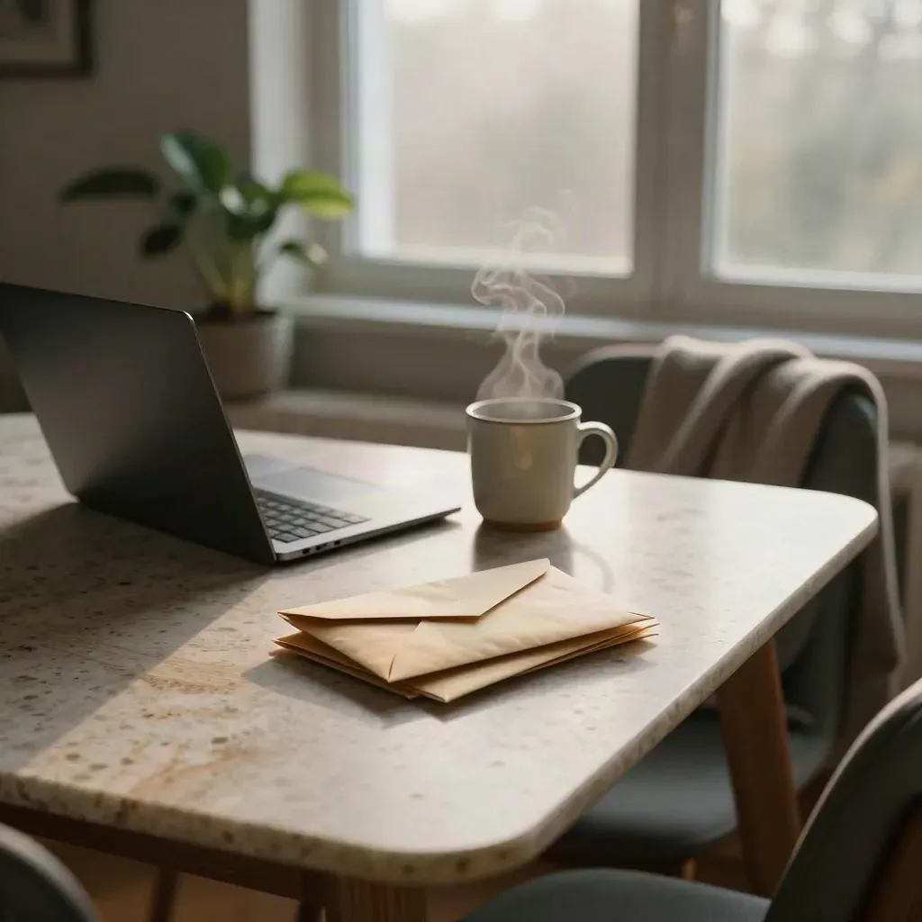 Pensionskuvert, stängd laptop, mugg, växt och filt i ett varmt morgonljus