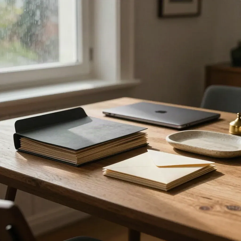 ISK-byte på ett bord med mappar, stängd laptop, kuvert och stenbricka i dovt ljus