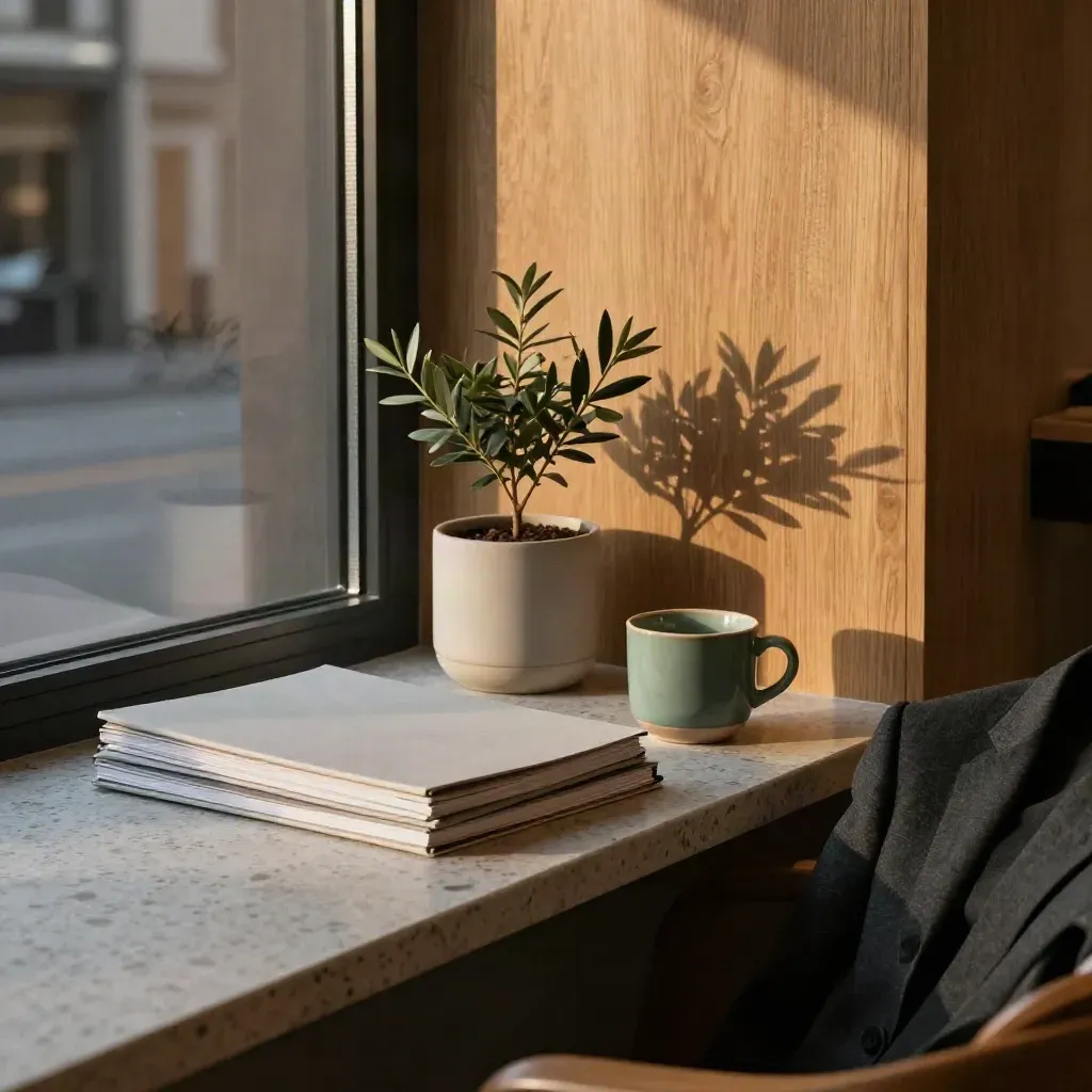Pensionshörna på kontor med mappar, kopp, växt och kavaj i varmt kvällsljus.