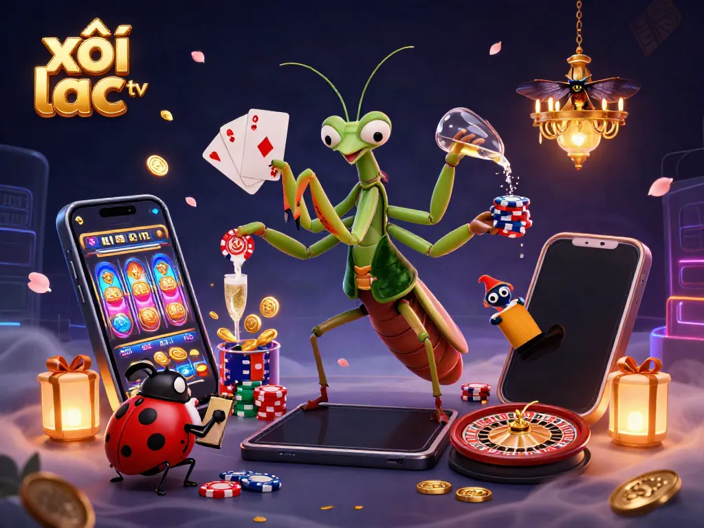 Engage with xôi lạc tv as a giant praying mantis deals cards in a vibrant casino scene.