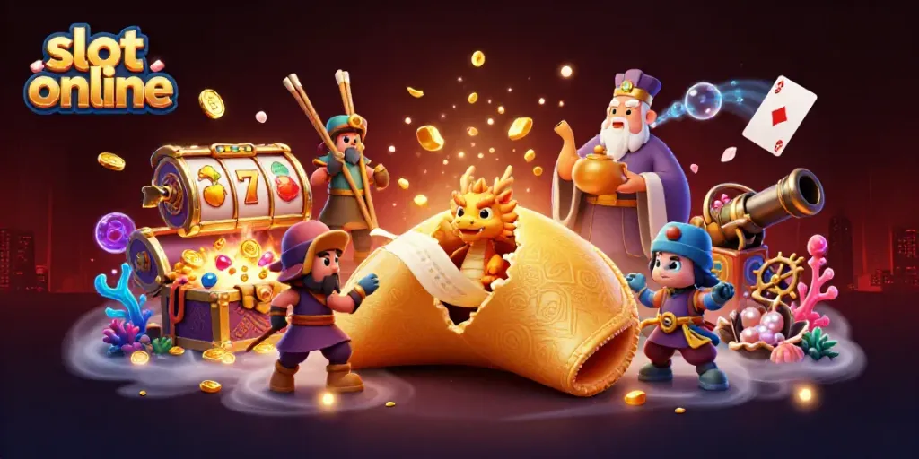 Spin vibrant slot online reels featuring a golden fortune cookie and a tiny dragon in an engaging casino scene.