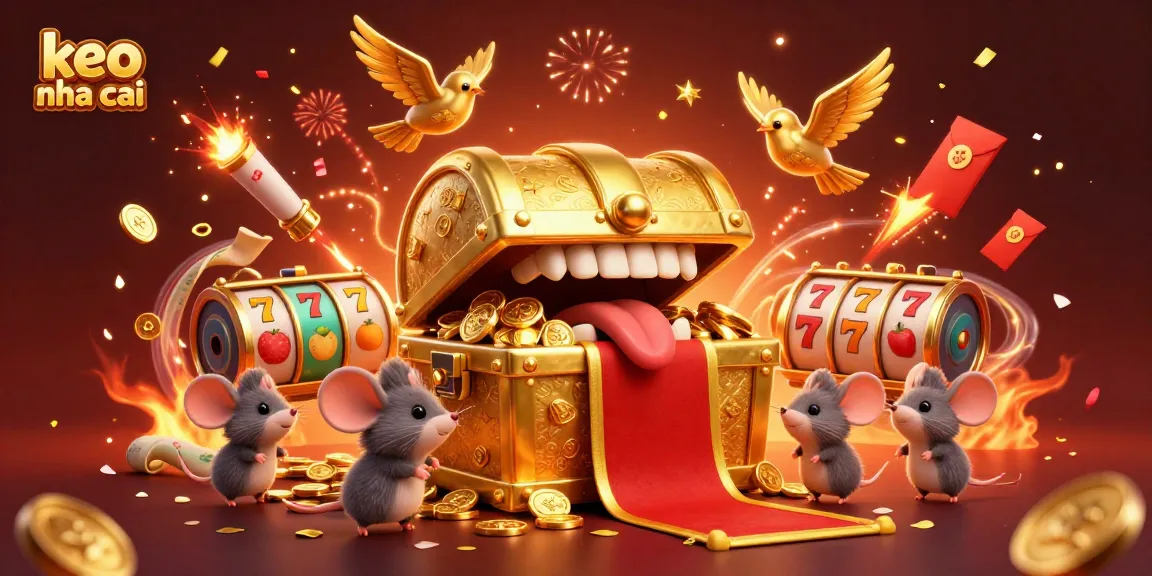 Experience keo nha cai with slot reels surrounded by celebratory elements in a vibrant casino scene.