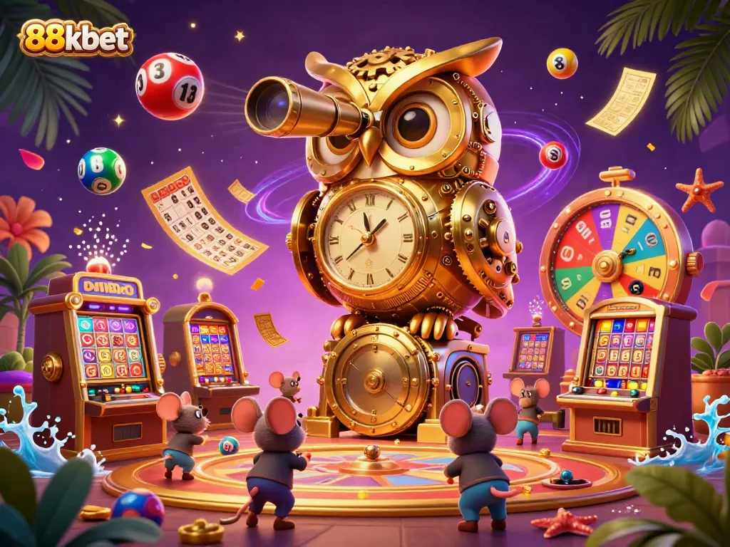 Experience the excitement of 88kbet with colorful elements like slot machines and lottery balls in this vibrant scene.