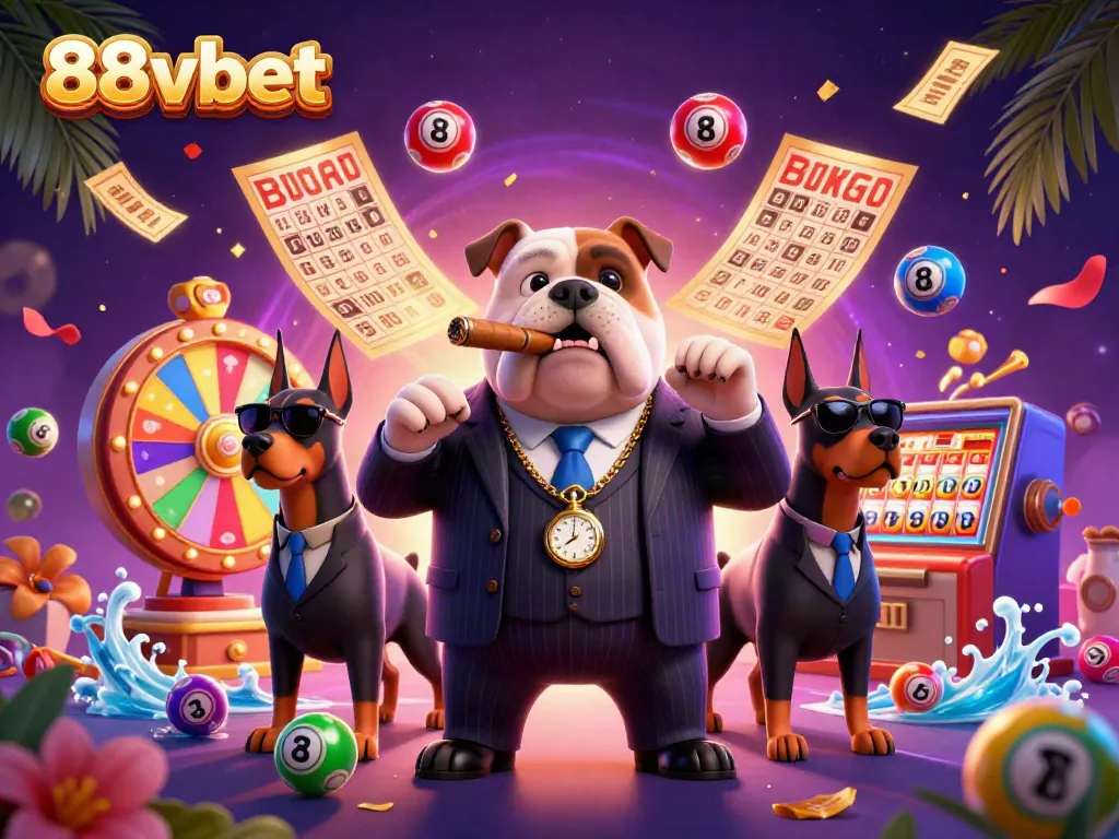 Experience vibrant gameplay at 88vbet with colorful lottery elements, a mafia boss, and dynamic gambling excitement.