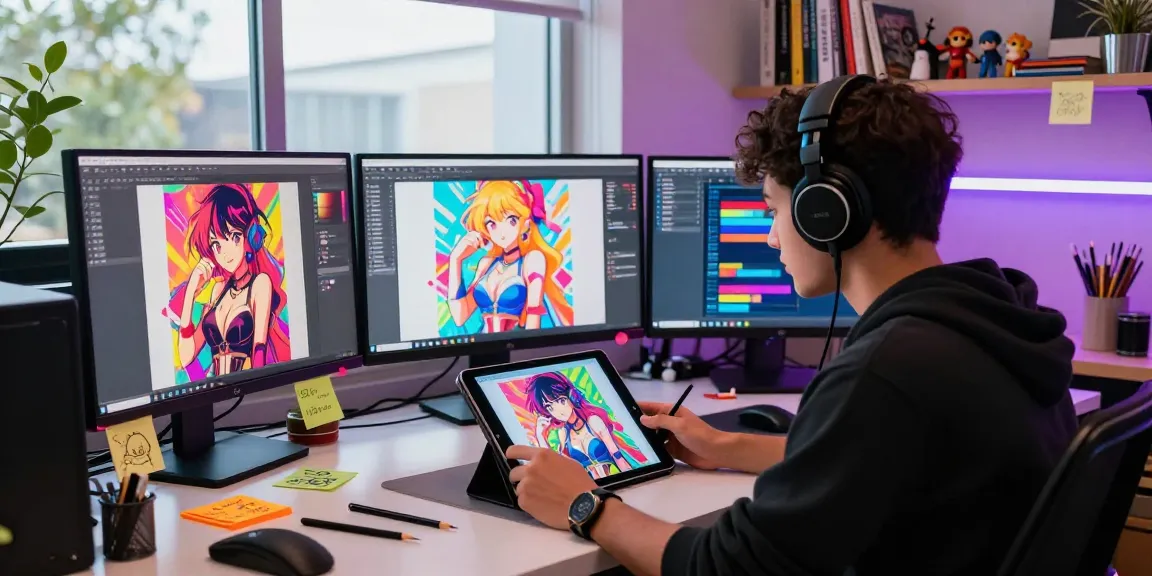 Digital artist creating vibrant ai hentai illustrations in a modern studio filled with art supplies and LED lighting.
