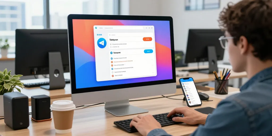 Switching Telegram interface to Chinese in a vibrant tech workspace.