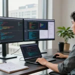Dynamic software development workspace featuring coding displays at WPS Official Website with a modern atmosphere.