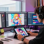 Digital artist creating vibrant ai hentai illustrations in a modern studio filled with art supplies and LED lighting.