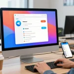 Switching Telegram interface to Chinese in a vibrant tech workspace.